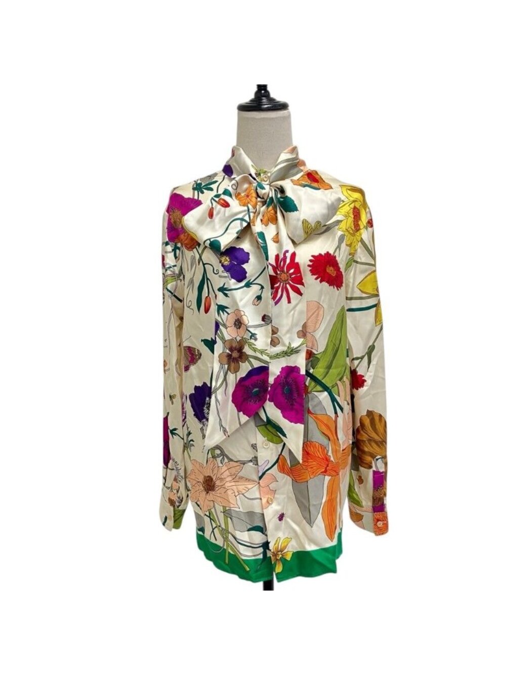 Gucci Flora Print Silk Shirt Blouse with Bow Tie Multicolor Long Sleeve 44